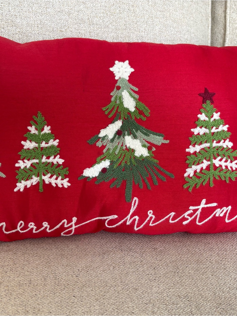 Red Embroidered Christmas Tree Holiday Pillow by